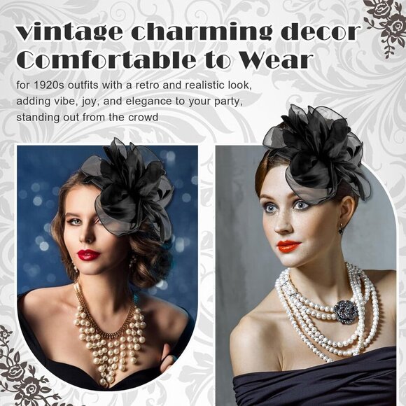 Vintage Black Feather Fascinator Hat with Lace Gloves for Tea Party Women Girl - Picture 4 of 8